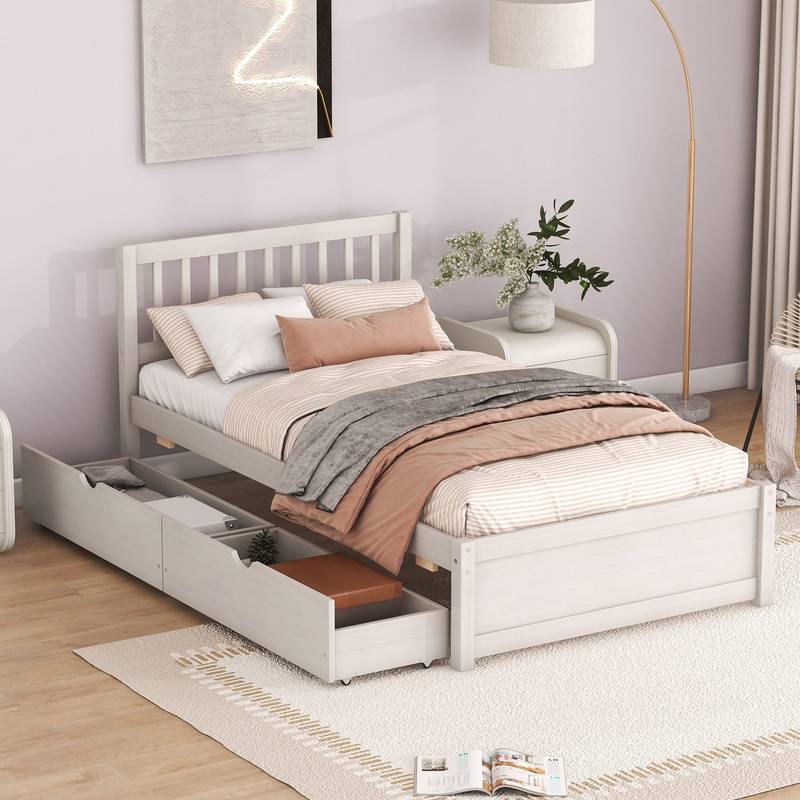 Chic Whitewashed Twin Bed with Sleek Storage Drawers
