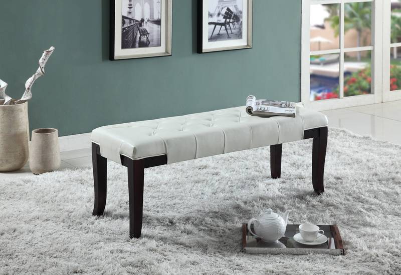 Chic White Faux Leather Tufted Bench