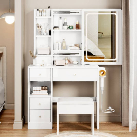 Chic Space-Saver Vanity Set with LED Mirror & Power Hub