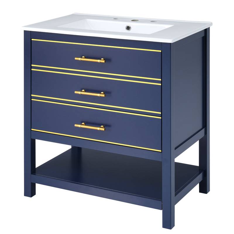 Navy Bliss: Stylish Bathroom Vanity with Open Storage