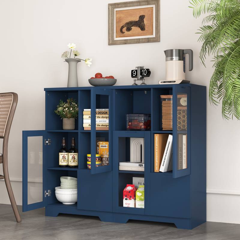 Navy Blue Glass-Front Cabinet with Open Storage