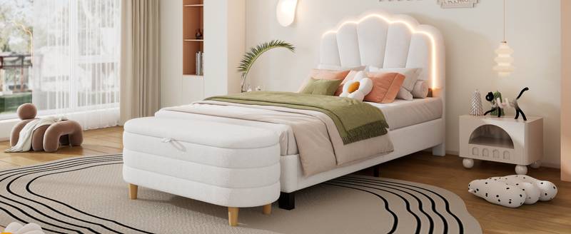 Cozy Floral Twin Bed Set with LED and Storage Ottoman