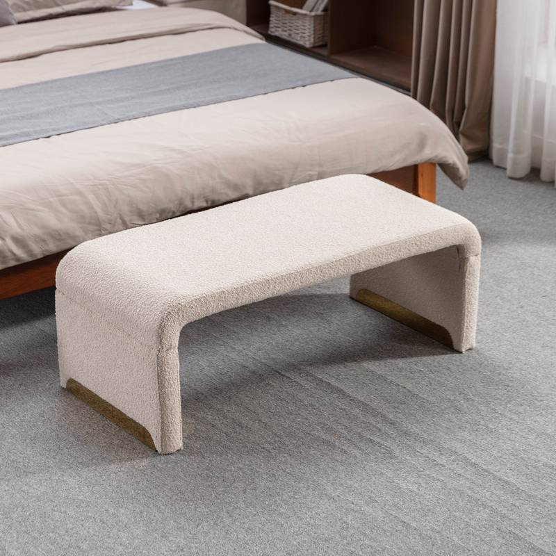 Chic Beige Boucle Ottoman with Gold Legs