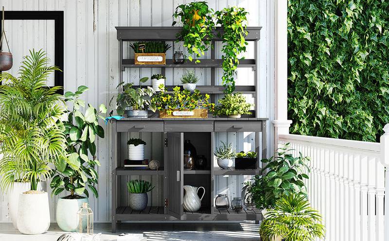 Charming Gray Garden Potting Table with Storage