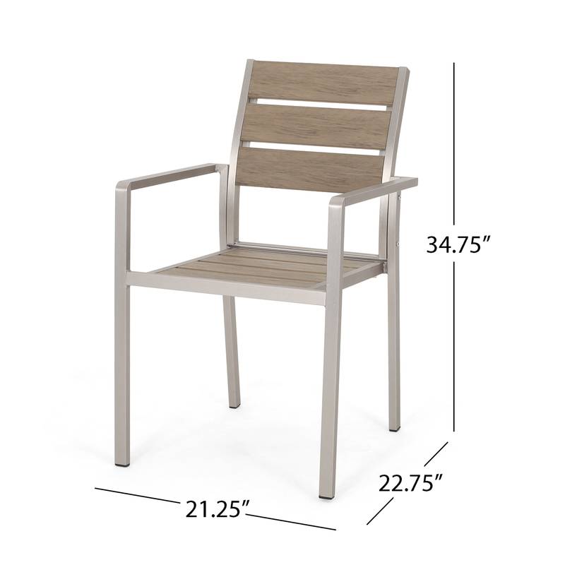 Stylish Outdoor Aluminum Dining Chairs with Natural Wood Look - Set of Two