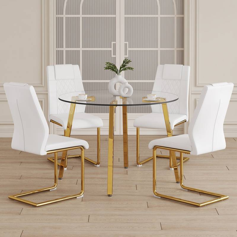 Chic Glass Dining Set with White Upholstered Chairs