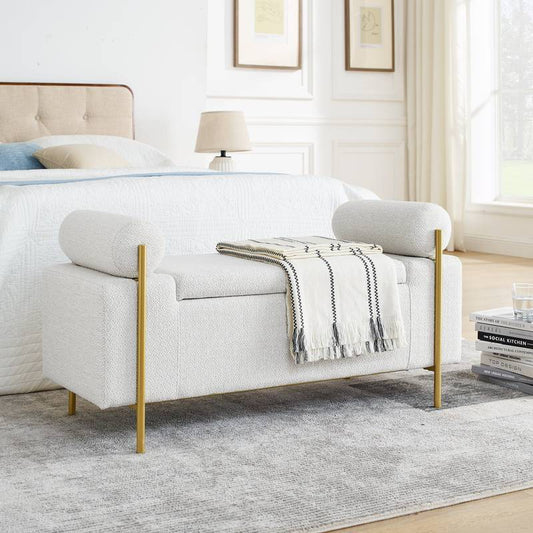 Chic Linen Storage Bench with Curvy Arms and Strong Iron Legs