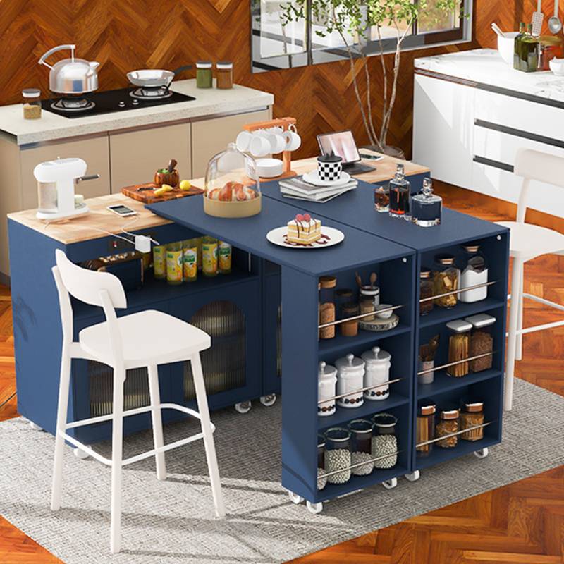 Navy Rolling Kitchen Island with LED Lights & Storage