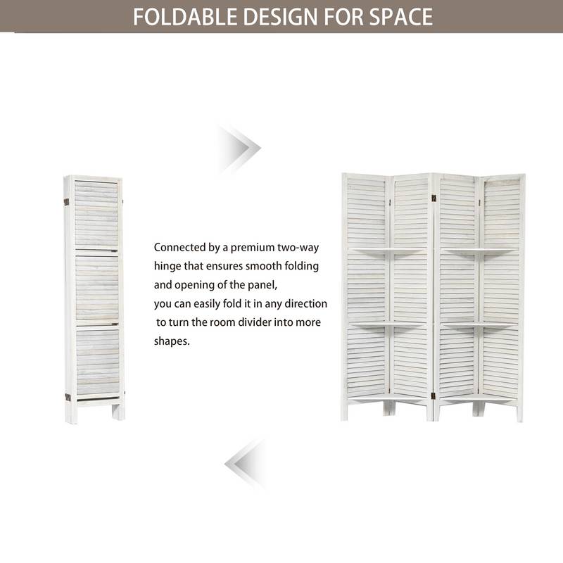 Chic White Folding Room Divider with Shelves