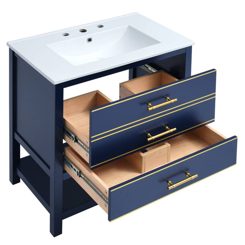 Navy Bliss: Stylish Bathroom Vanity with Open Storage