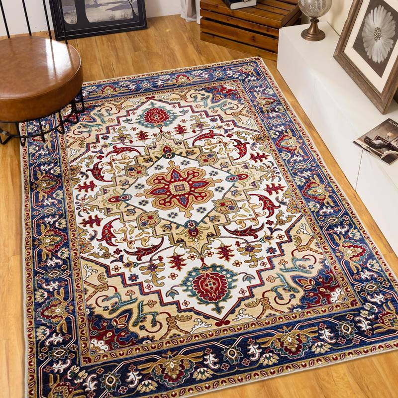 Vintage Boho Blue & Gold Persian Rug - Non-Slip & Washable