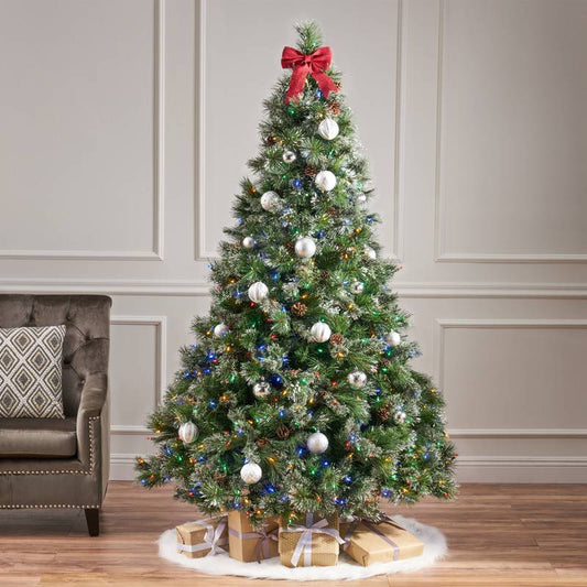 Lush Cashmere & Snow Christmas Tree with Pine Cones and Twinkling Lights