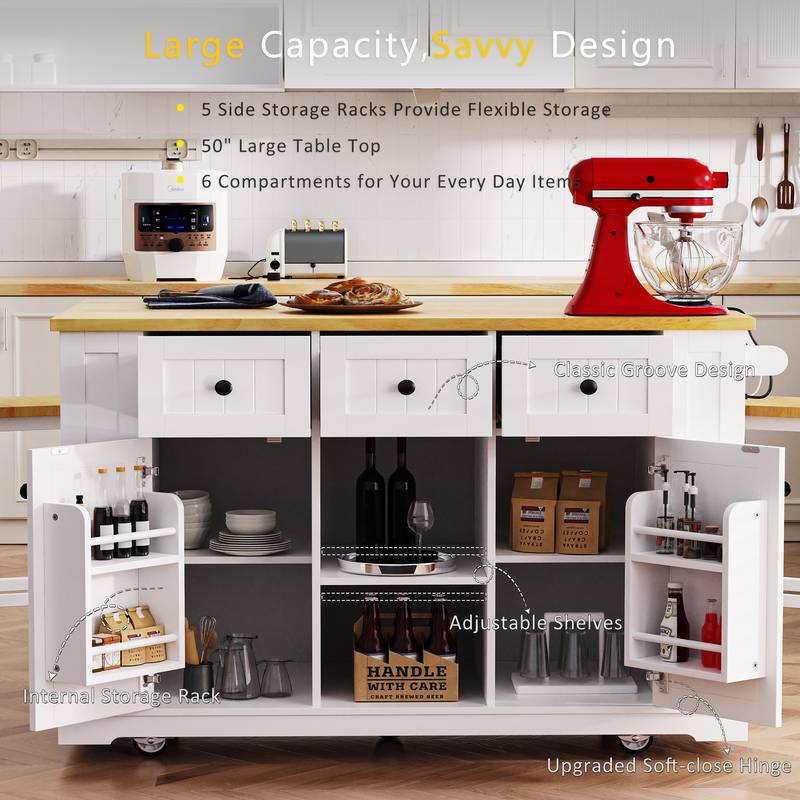 Cozy Kitchen Island with Bar Stools & Storage