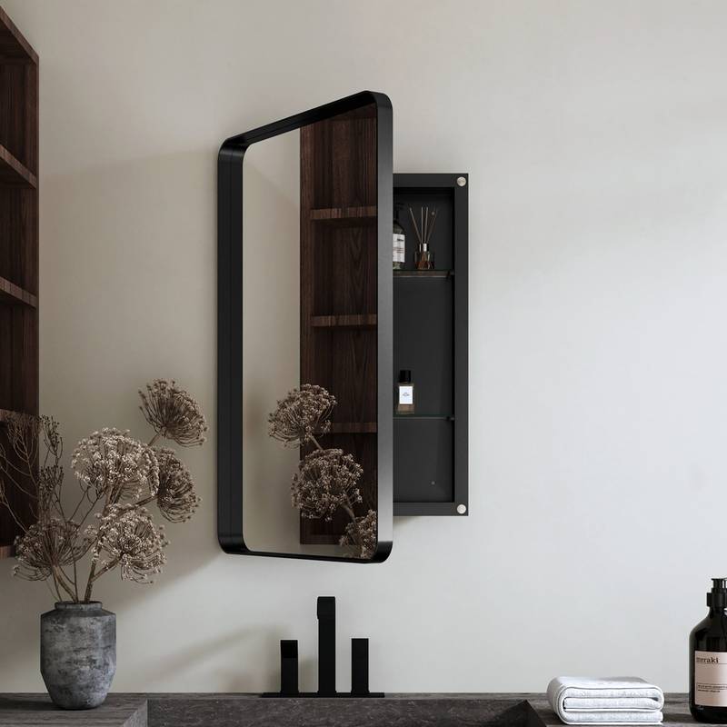 Sleek Black Wall Mirror Cabinet with Adjustable Shelves