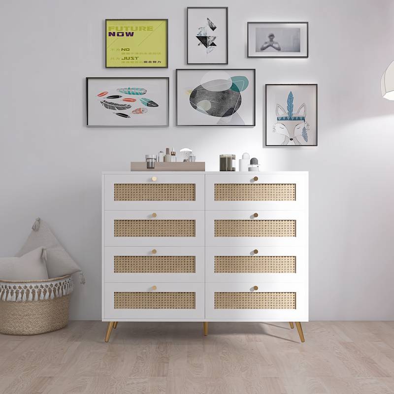 Chic Rattan-Front White Dressers with Gold Accents