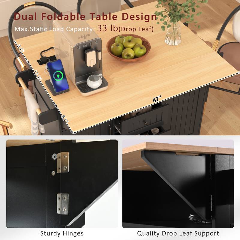 Versatile Kitchen Island Cart with Drop Leaves and Power Outlet