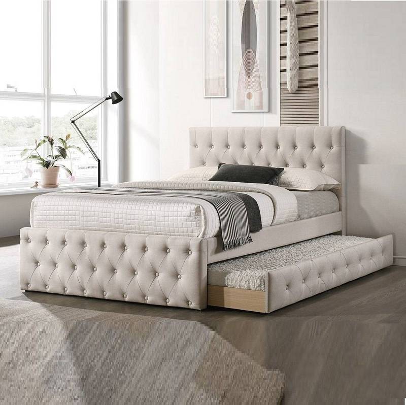 Cozy Tufted Twin Bed with Trundle in Light Brown Burlap