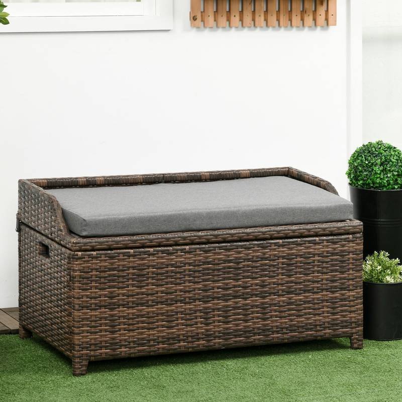 Gray Wicker Patio Storage Bench with Cushion
