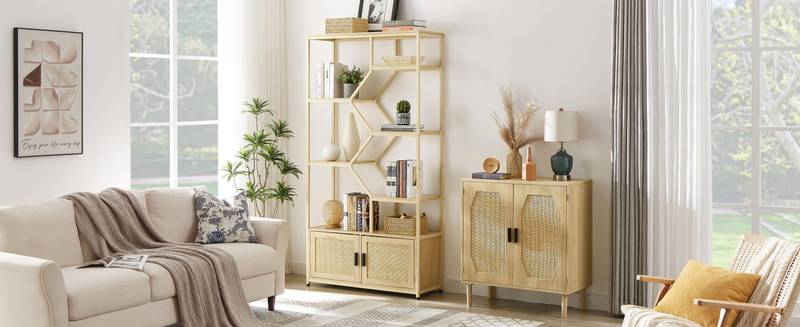 Natural Rattan Tall Bookshelf with Cabinet