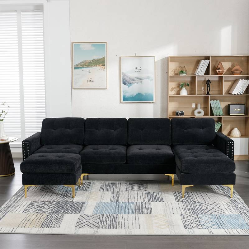 Black L-Shaped Sofa with Movable Ottoman