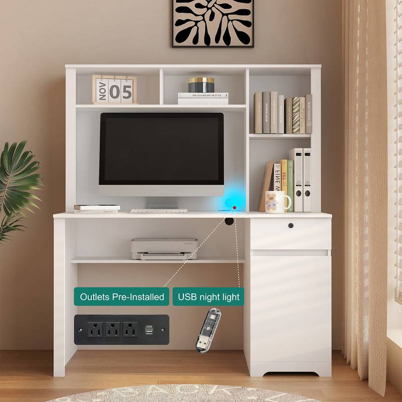 Stylish Study Desk with Hutch and Charging Ports