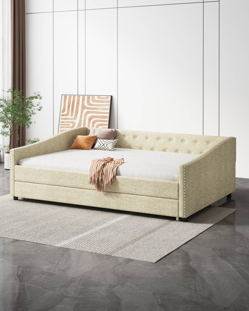 Chic Tufted Daybed with Cozy Trundle - Beige Dream Sofa Bed