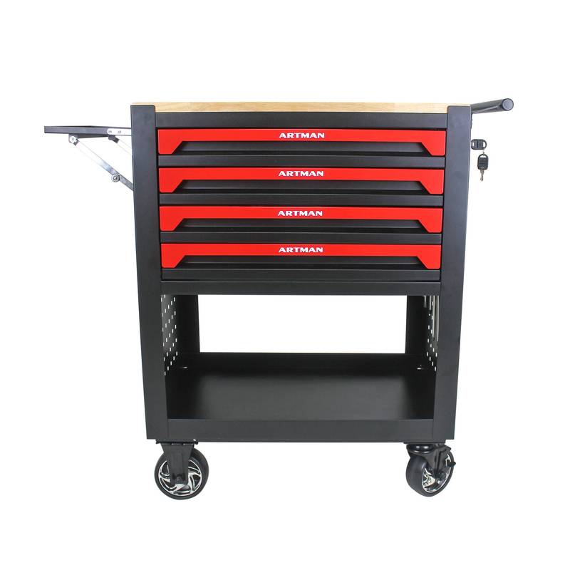 Rolling Tool Cart with Wooden Top and Storage Drawers