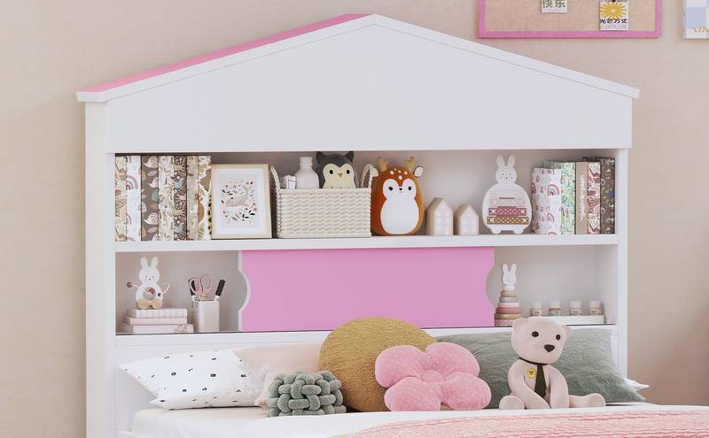 Charming Twin House Bed Set with Storage and Nightstand in Pink and White