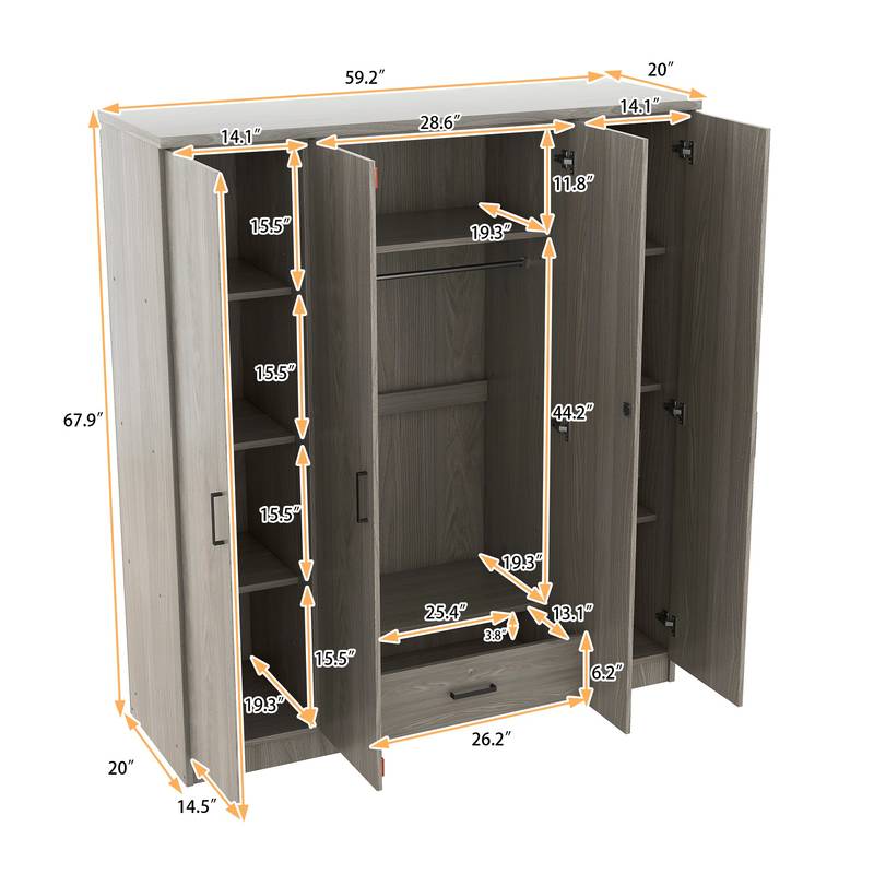 Chic Gray 4-Door Wardrobe with Drawer