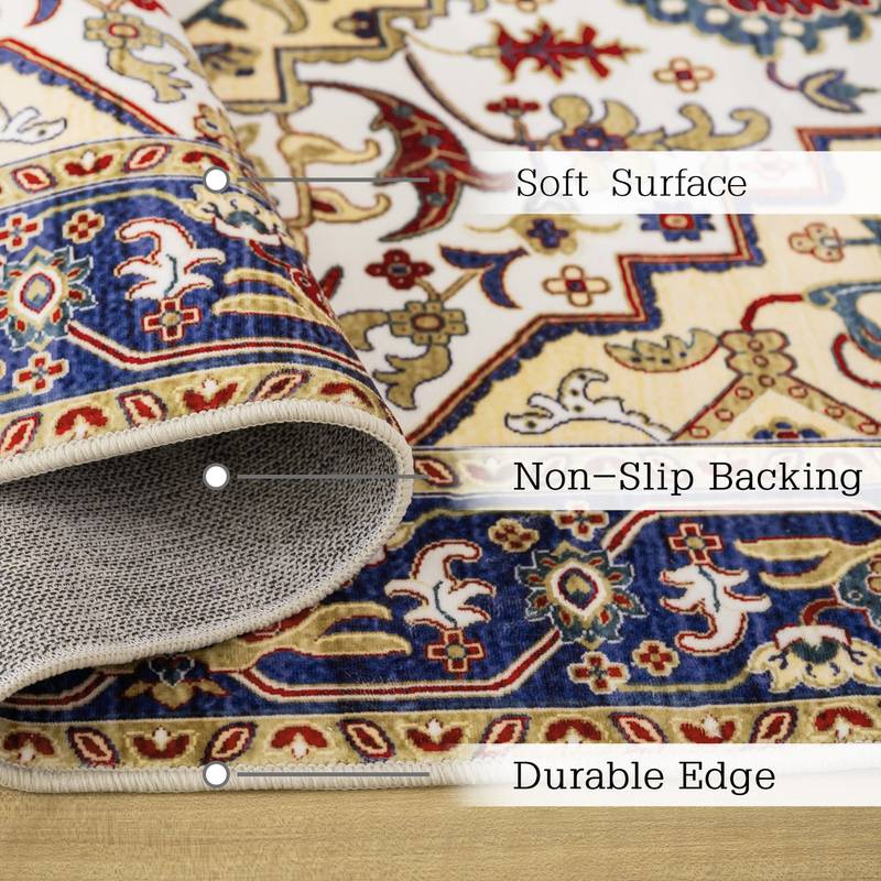 Vintage Boho Blue & Gold Persian Rug - Non-Slip & Washable