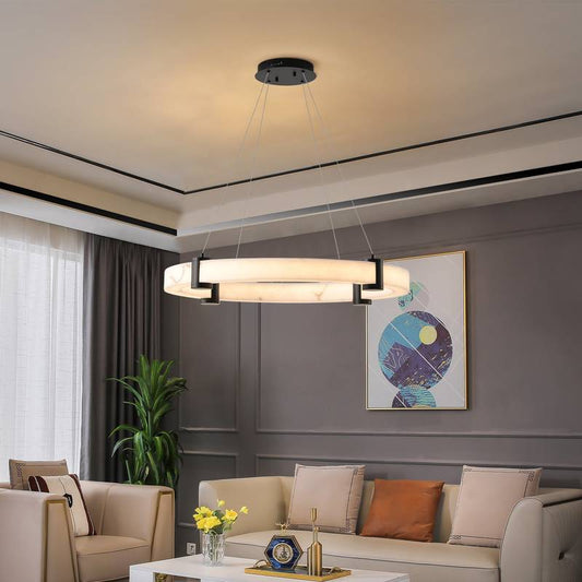 Chic Pendant Light with Adjustable Height - Dimmable Marble Finish Chandelier for Dining & Living Spaces