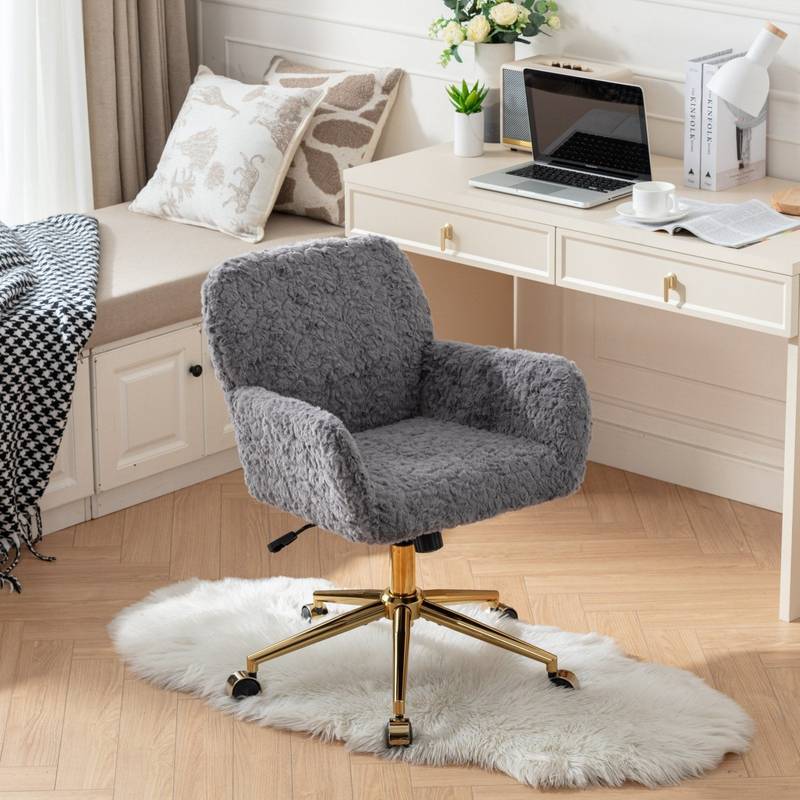 Plush Rabbit Fur Office Chair with Gold Base