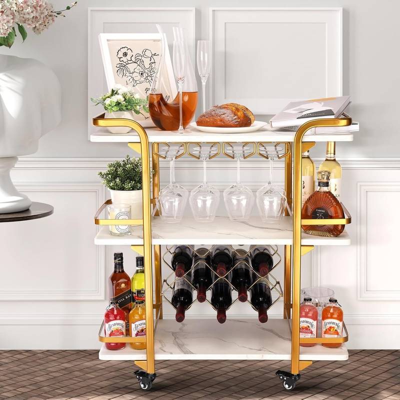 Glam Gold Bar Cart - Chic 3-Tier Storage & Wine Rack on Wheels