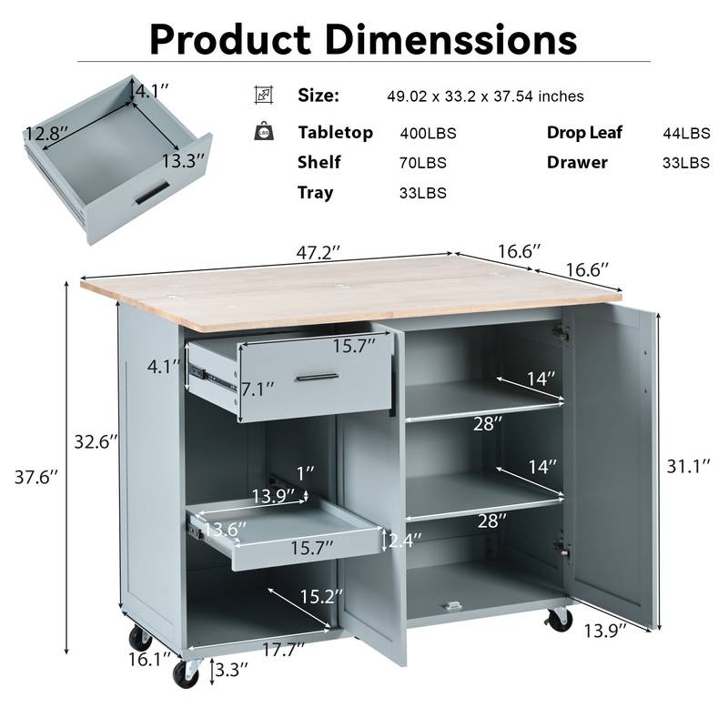 Rolling Kitchen Island with Foldable Top and Storage