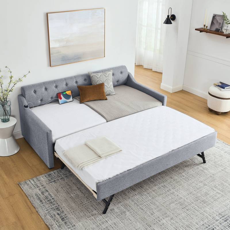 Cozy Grey Daybed with Hidden Trundle and USB Charging