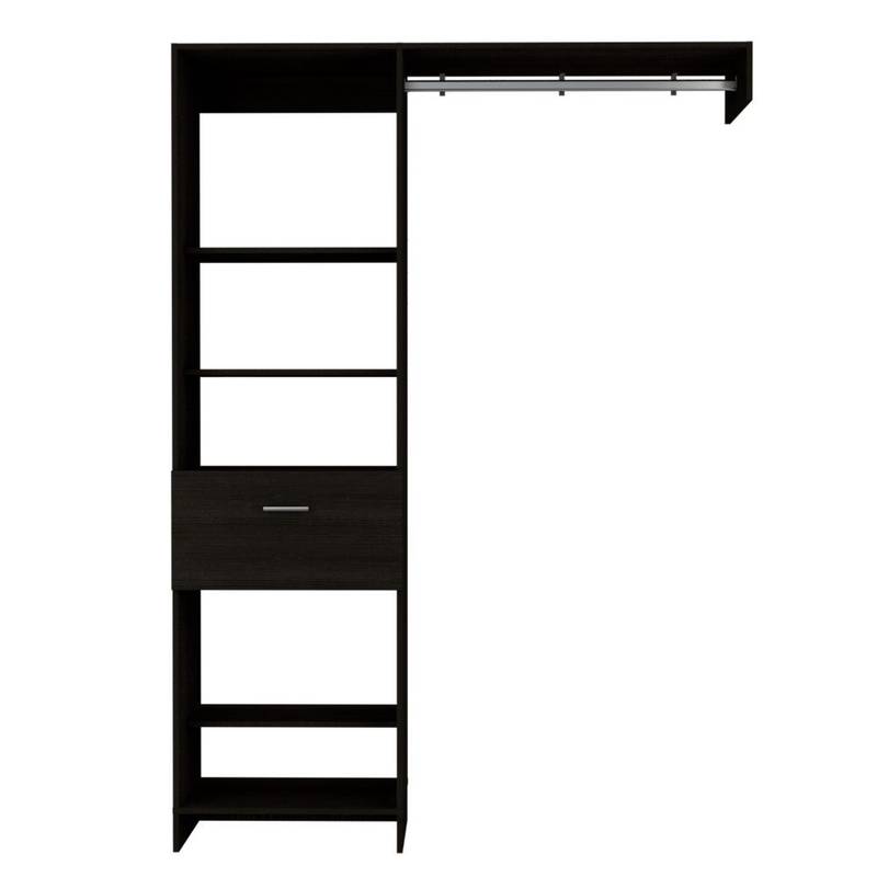 Sleek Black Closet Organizer with Open Shelves and Drawer