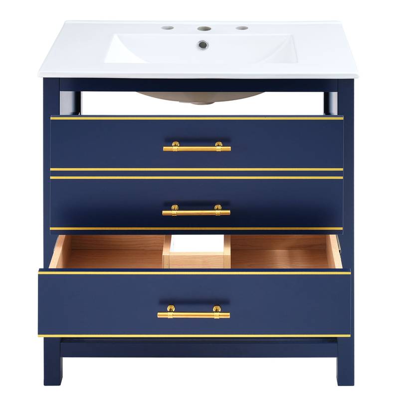 Navy Bliss: Stylish Bathroom Vanity with Open Storage