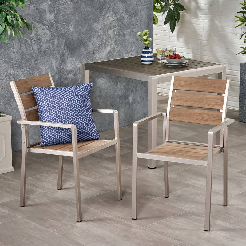 Stylish Outdoor Aluminum Dining Chairs with Natural Wood Look - Set of Two
