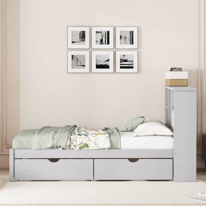 Cozy Grey Twin Bed with USB Charging & Storage Headboard