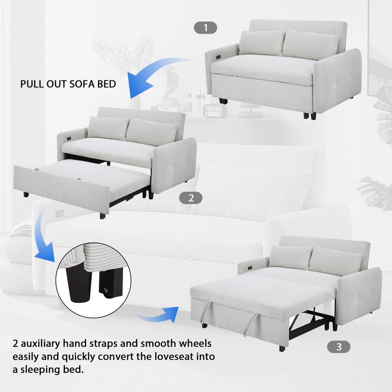 Light Blue Sleeper Sofa with USB Ports and Pillows