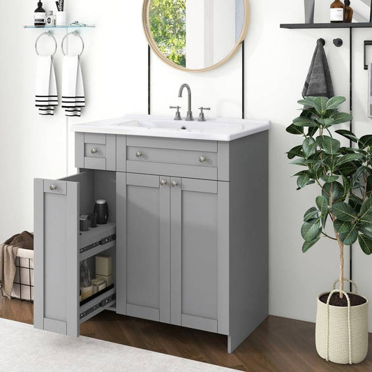 Sleek Grey Bathroom Vanity with Spacious Storage & Elegant Sink