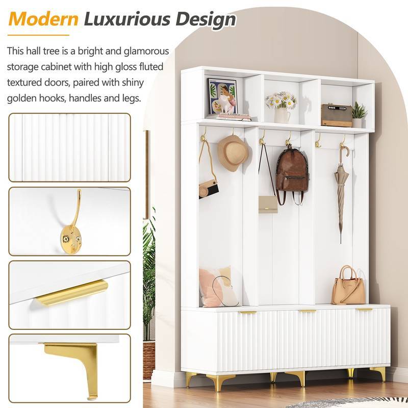 Chic Storage Hall Tree with Bench and Gold Accents