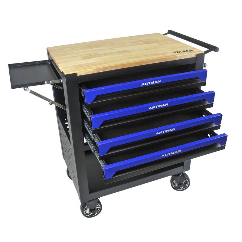 Blue Rolling Tool Cart with Wooden Top and 4 Drawers