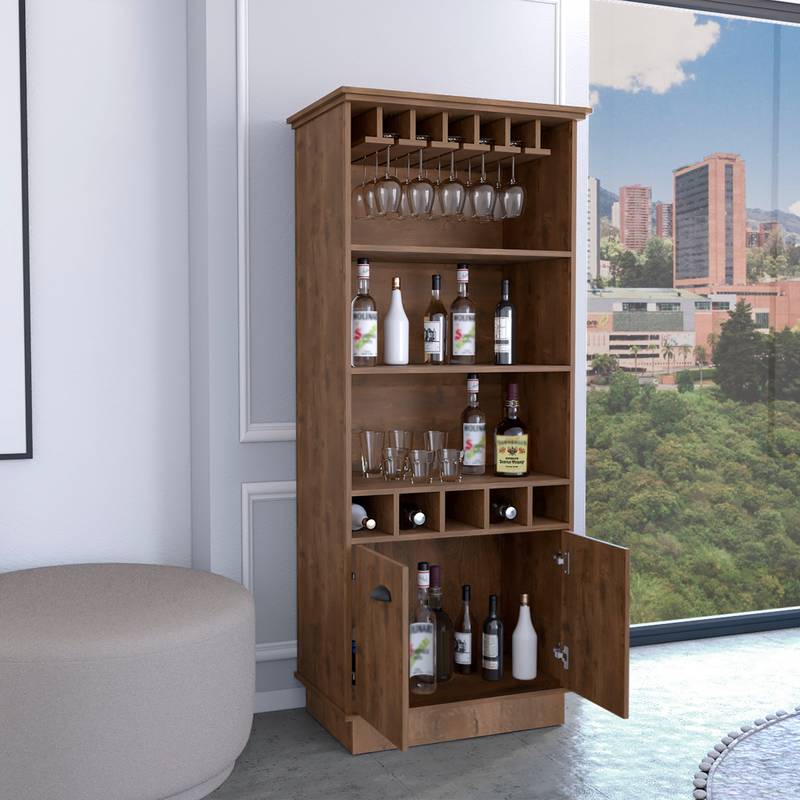 Dundee Tall Glass Bar Cabinet with Shelves and Cubbies