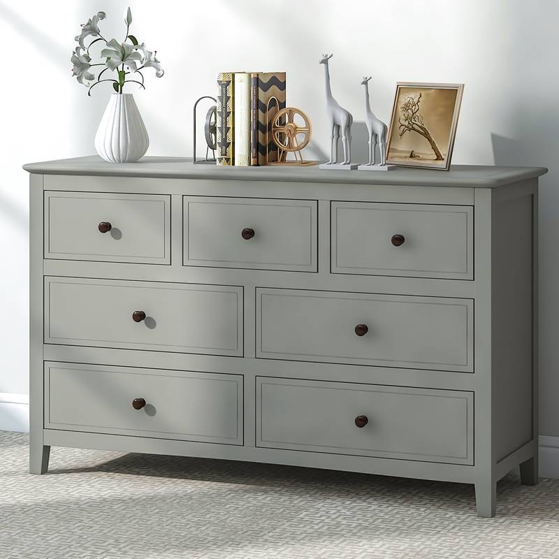 Charming Gray Wooden Dresser with Seven Drawers