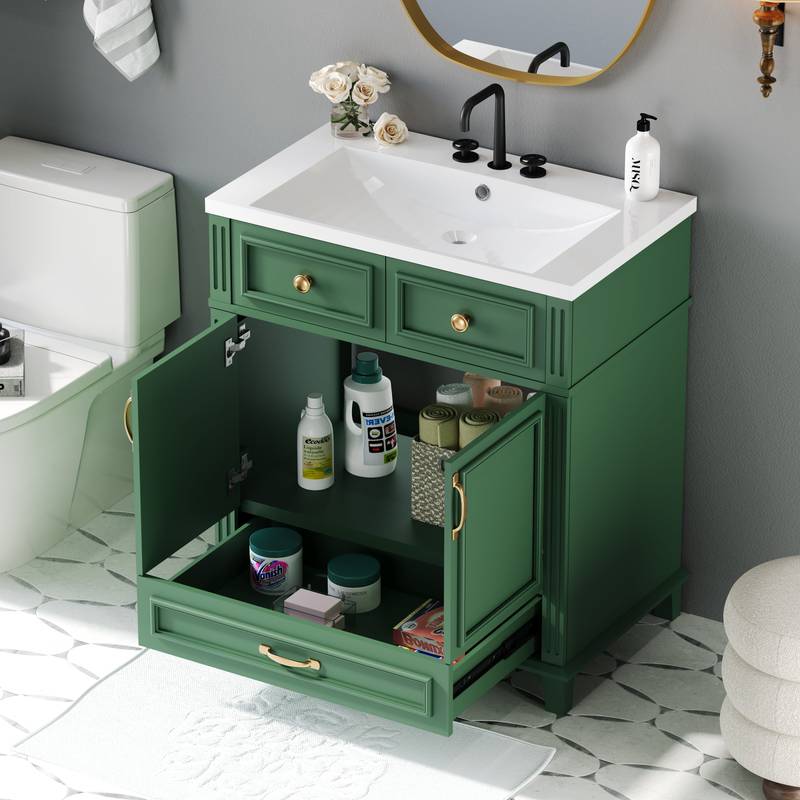 Vintage Green Bathroom Vanity with Soft-Close Storage