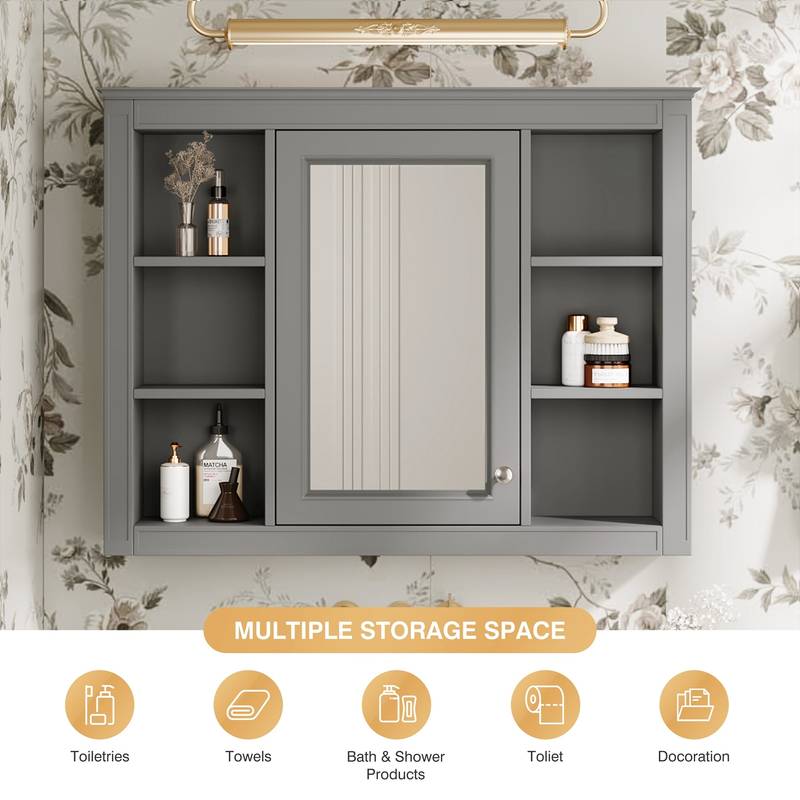 Sleek Wall-Mounted Mirror Cabinet with Open Shelves