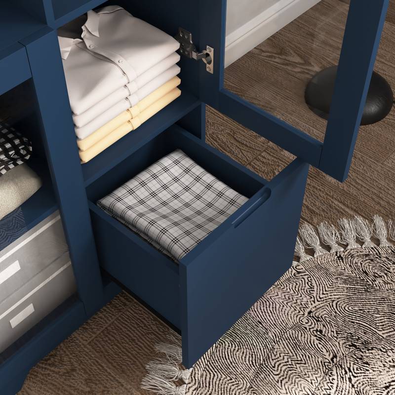 Navy Blue Glass-Front Cabinet with Open Storage