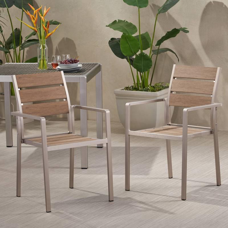 Stylish Outdoor Aluminum Dining Chairs with Natural Wood Look - Set of Two