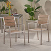 Stylish Outdoor Aluminum Dining Chairs with Natural Wood Look - Set of Two